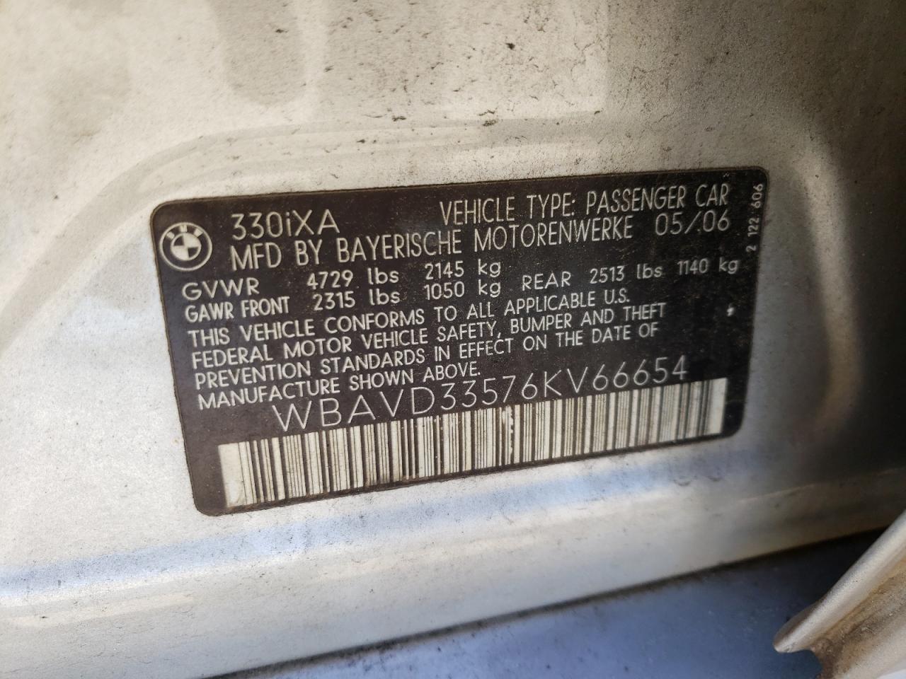 Zdjęcie 10 z aukcji – 2006 BMW 330 XI z VIN WBAVD33576KV66654
