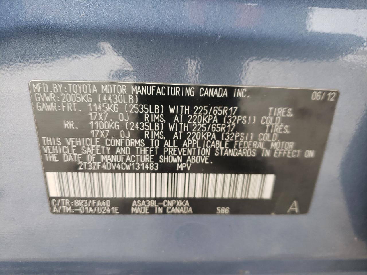Photo 10 from auction – 2012 TOYOTA RAV4 with VIN 2T3ZF4DV4CW131483