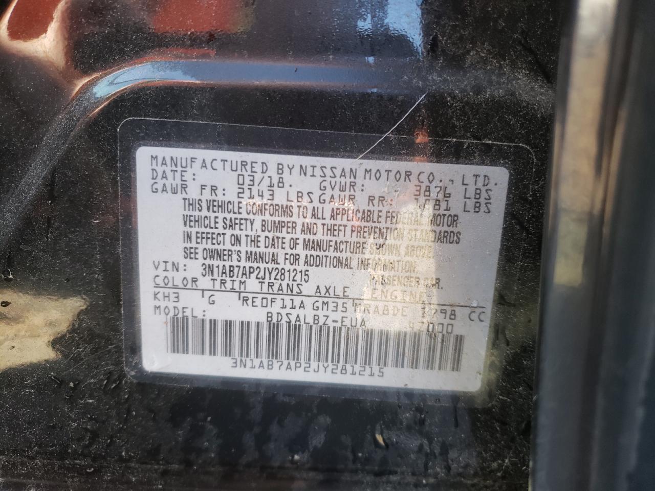 Photo 10 from auction – 2018 NISSAN SENTRA S with VIN 3N1AB7AP2JY281215