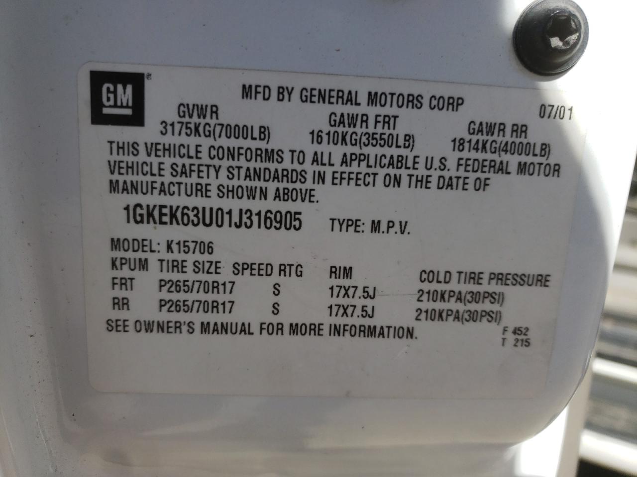 Photo 10 from auction – 2001 GMC DENALI with VIN 1GKEK63U01J316905