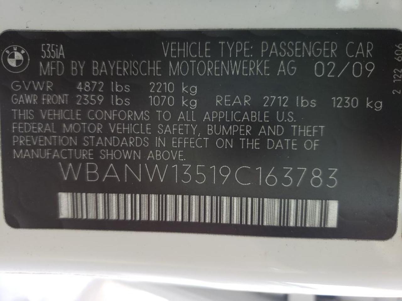 Photo 10 from auction – 2009 BMW 535 I with VIN WBANW13519C163783