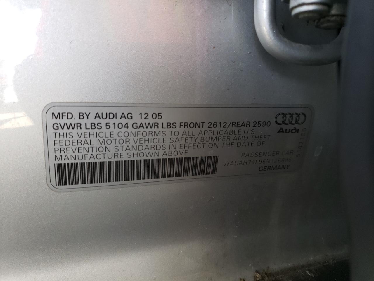Photo 10 from auction – 2006 AUDI A6 3.2 with VIN WAUAH74F96N126886