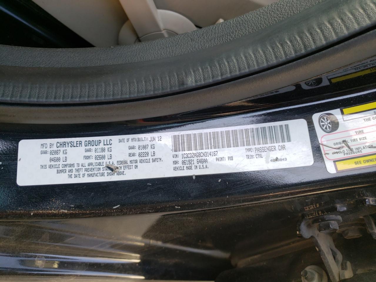 Photo 10 from auction – 2012 DODGE AVENGER SE with VIN 1C3CDZAG8CN314167