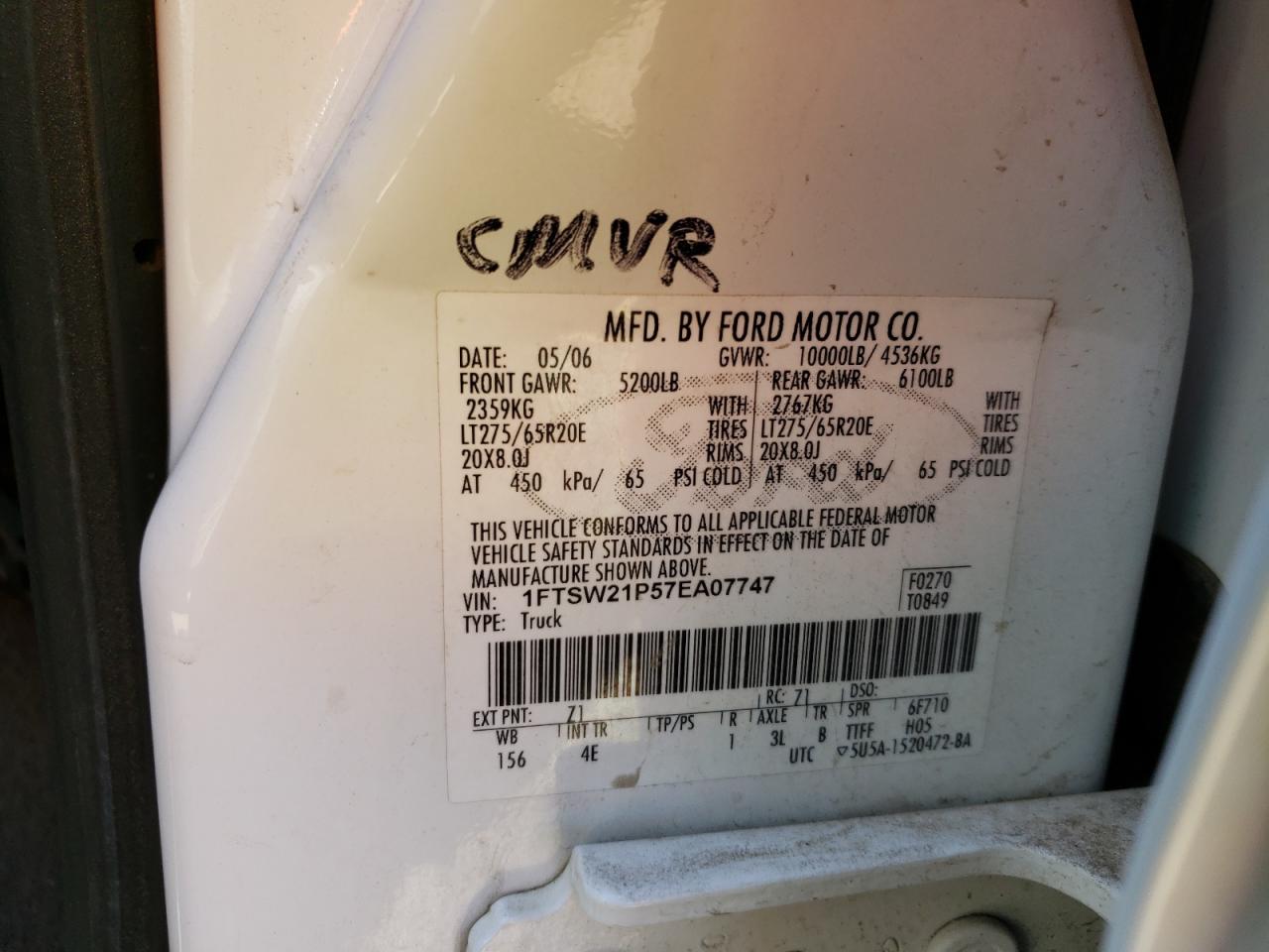 Photo 10 from auction – 2007 FORD F250 SUPER with VIN 1FTSW21P57EA07747