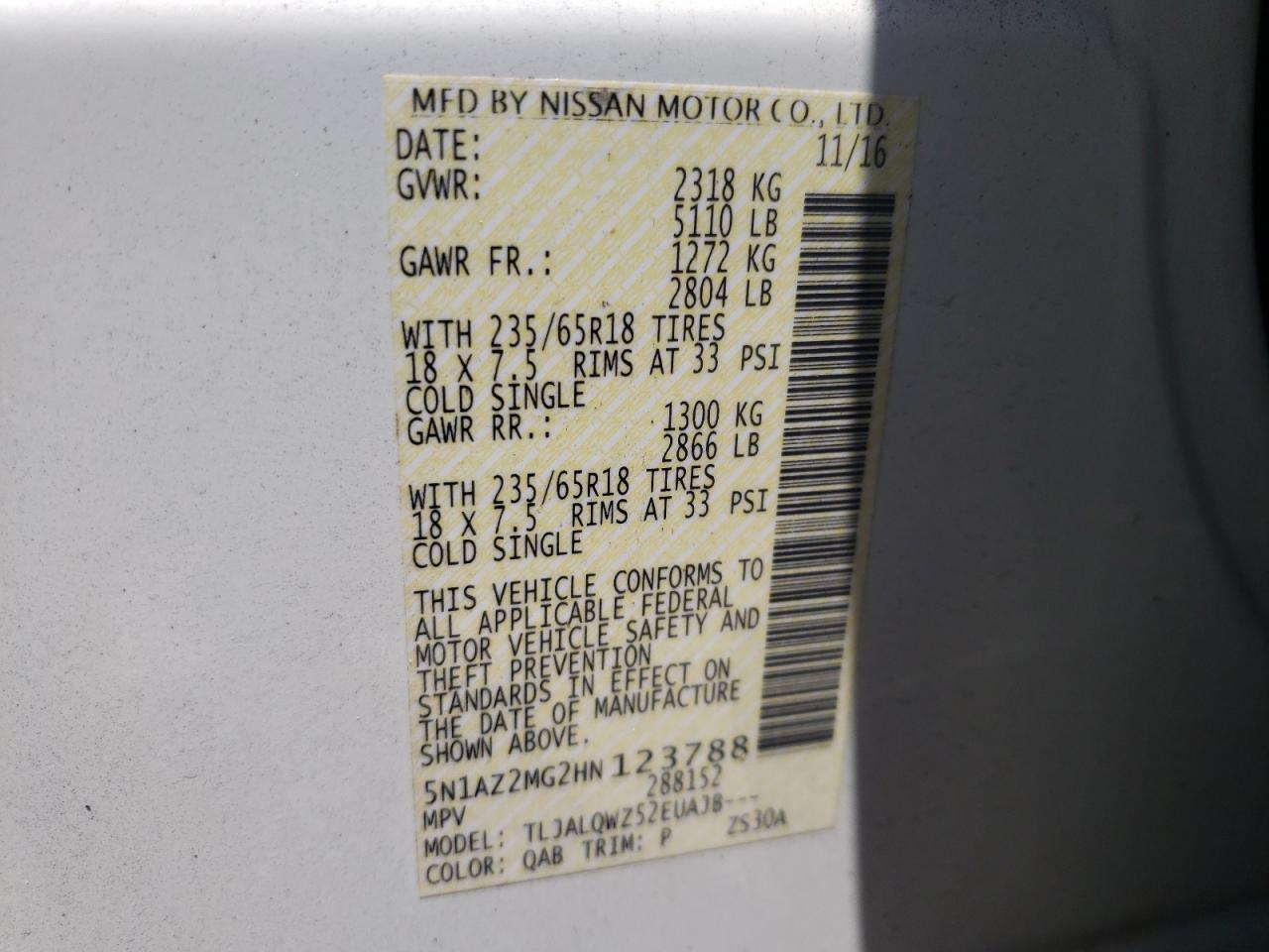 Photo 10 from auction – 2017 NISSAN MURANO S with VIN 5N1AZ2MG2HN123788