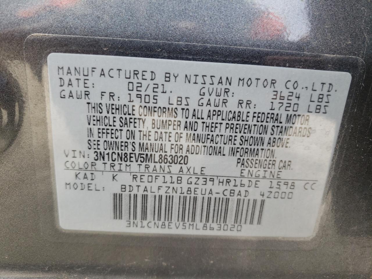 Photo 10 from auction – 2021 NISSAN VERSA SV with VIN 3N1CN8EV5ML863020