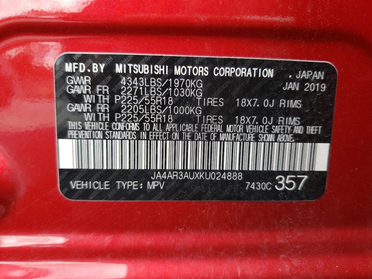Photo 10 from auction – 2019 MITSUBISHI OUTLANDER with VIN JA4AR3AUXKU024888