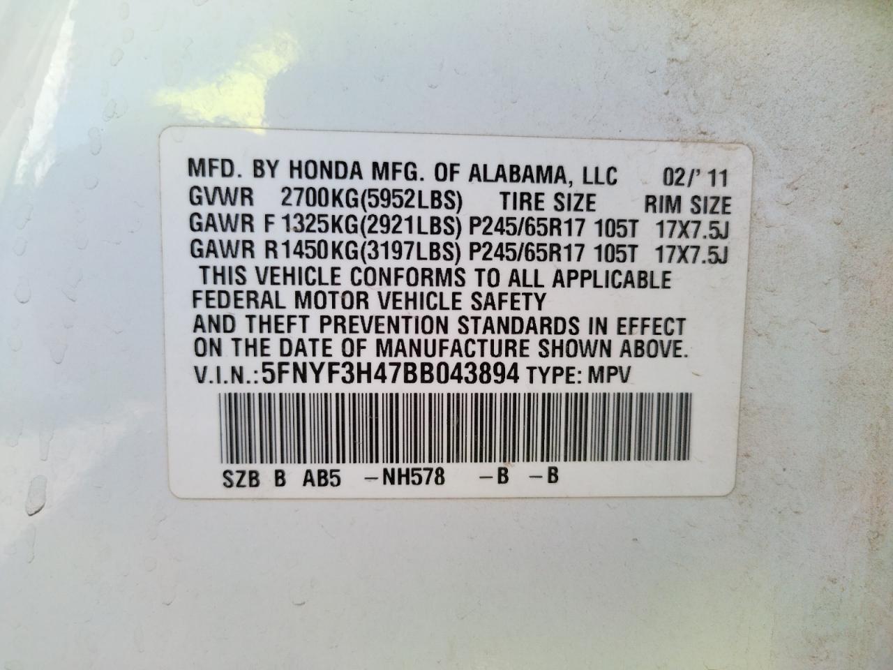 Photo 10 from auction – 2011 HONDA PILOT EX with VIN 5FNYF3H47BB043894