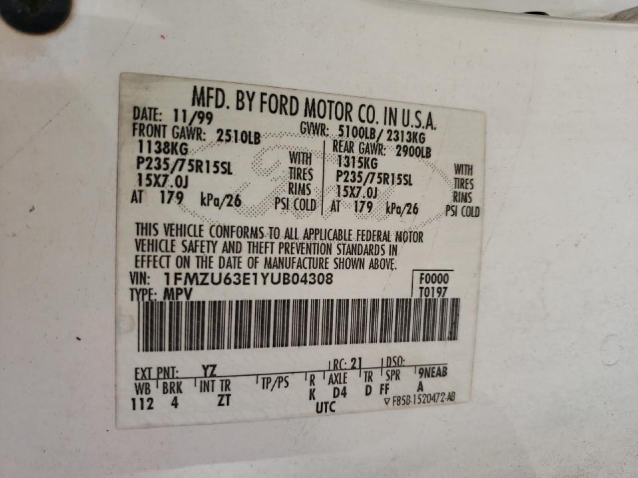 Photo 10 from auction – 2000 FORD EXPLORER X with VIN 1FMZU63E1YUB04308