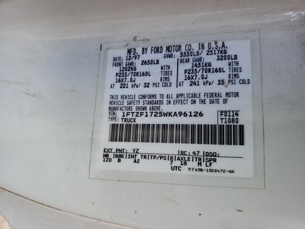Photo 10 from auction – 1998 FORD F150 with VIN 1FTZF1725WKA96126