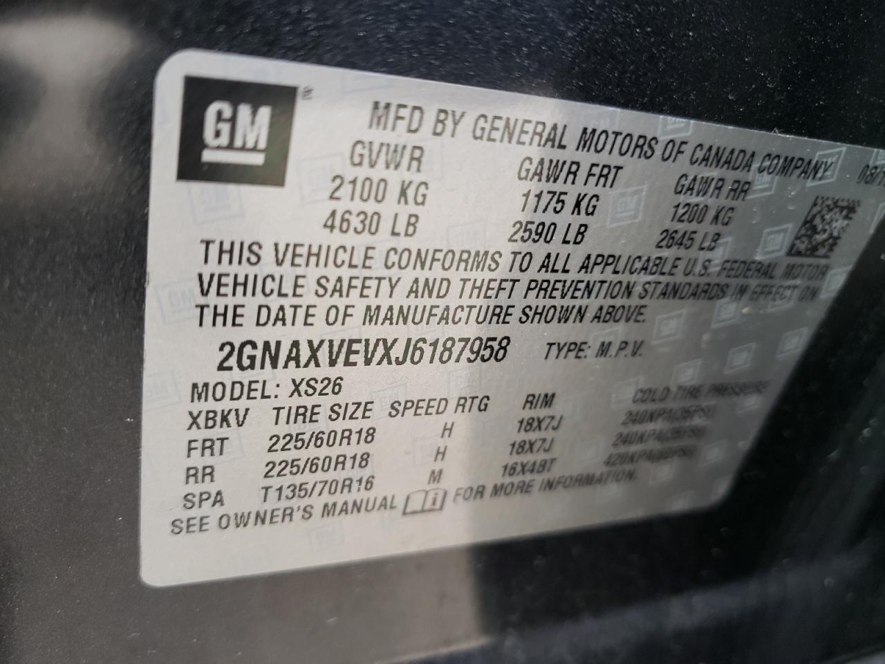 Photo 10 from auction – 2018 CHEVROLET EQUINOX PR with VIN 2GNAXVEVXJ6187958