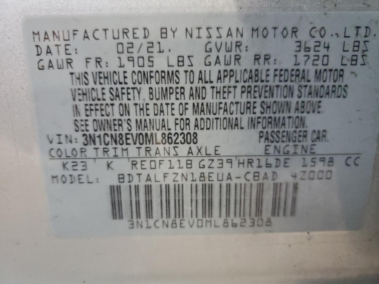 Photo 10 from auction – 2021 NISSAN VERSA SV with VIN 3N1CN8EV0ML862308