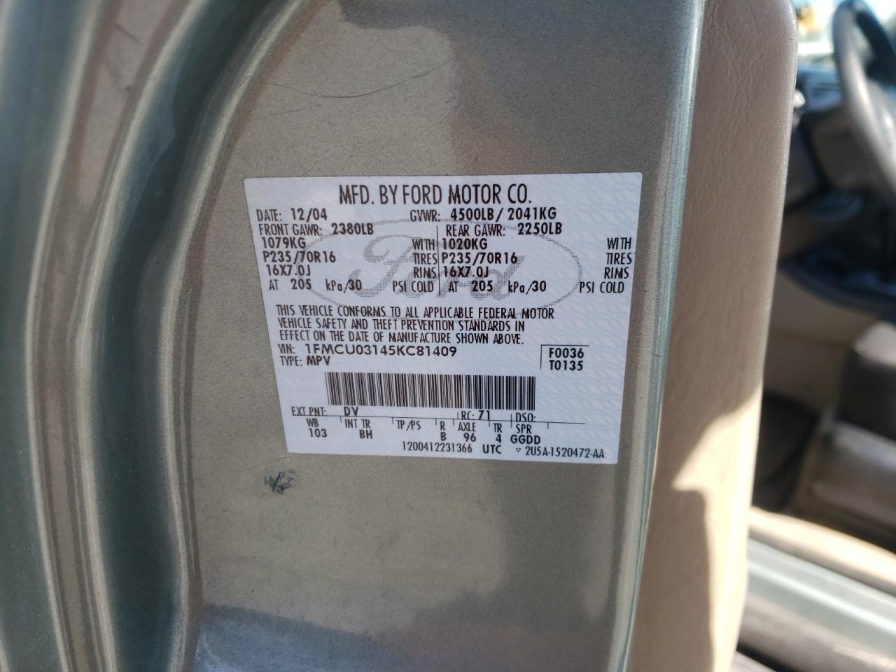 Photo 10 from auction – 2005 FORD ESCAPE XLT with VIN 1FMCU03145KC81409