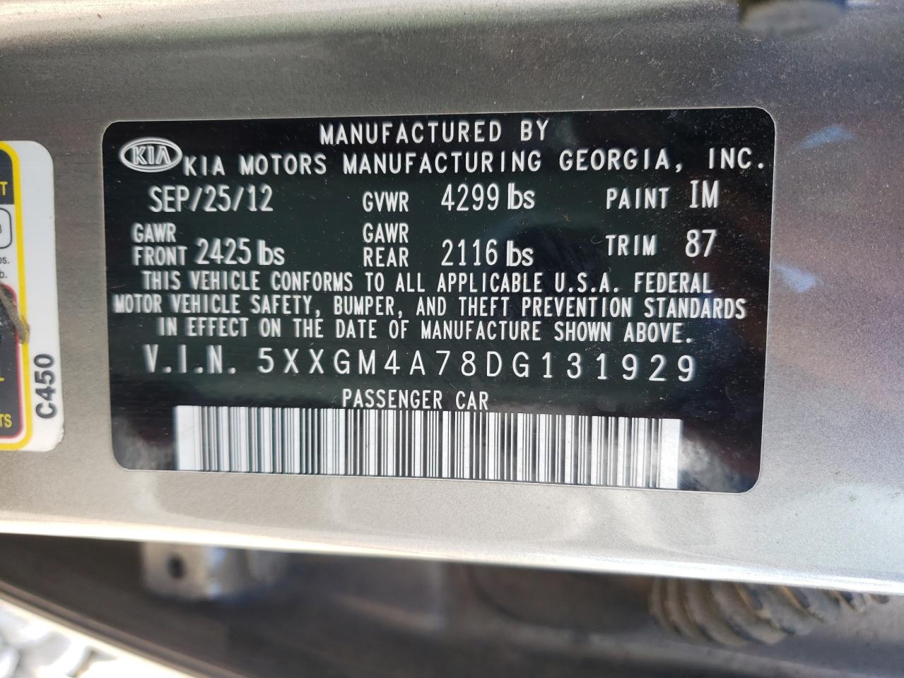 Photo 10 from auction – 2013 KIA OPTIMA LX with VIN 5XXGM4A78DG131929