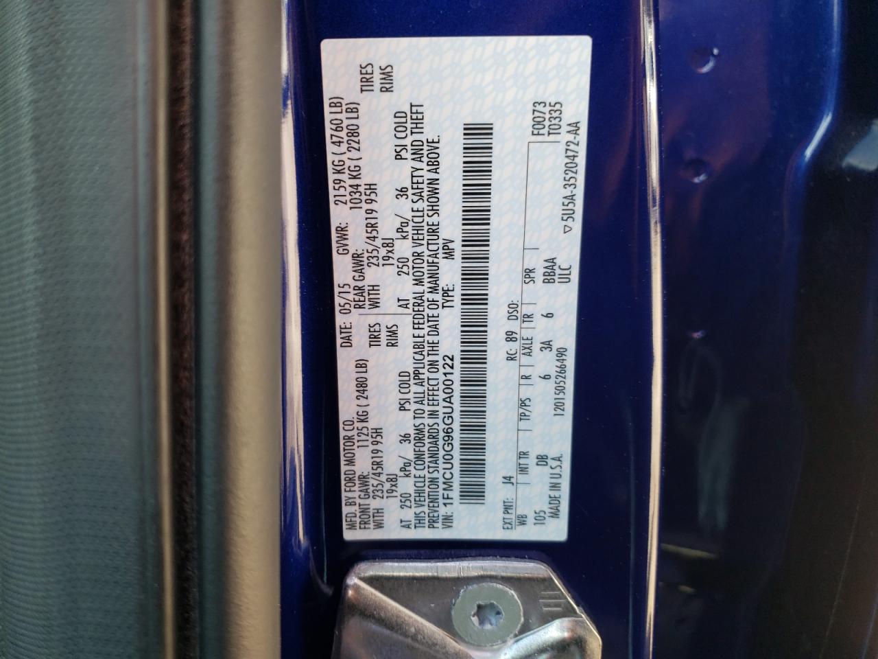 Photo 10 from auction – 2016 FORD ESCAPE SE with VIN 1FMCU0G96GUA00122