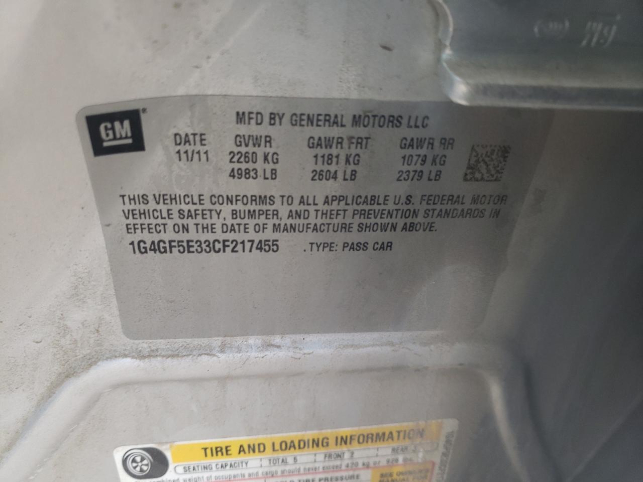 Photo 10 from auction – 2012 BUICK LACROSSE P with VIN 1G4GF5E33CF217455