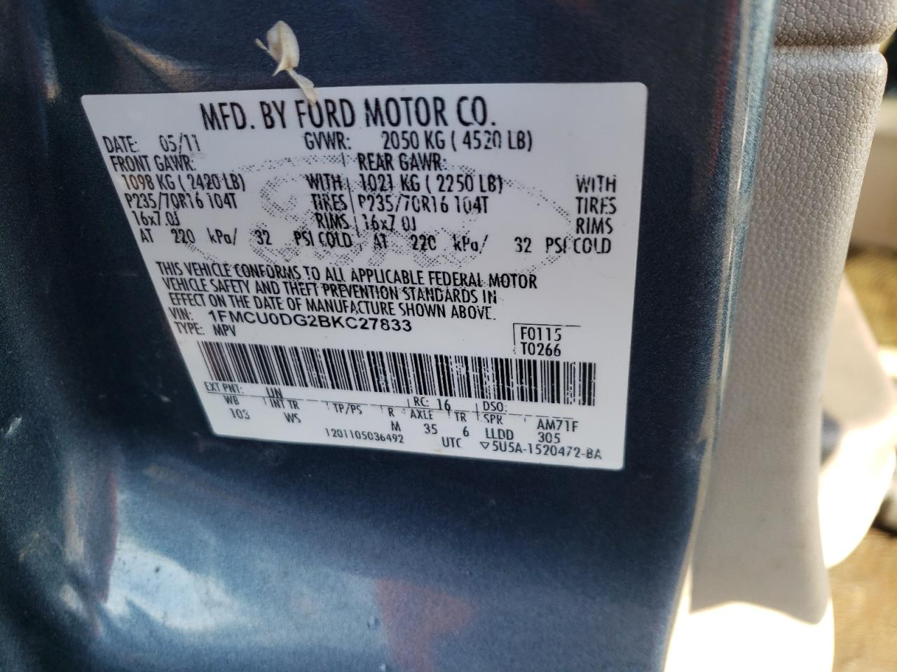 Photo 10 from auction – 2011 FORD ESCAPE XLT with VIN 1FMCU0DG2BKC27833