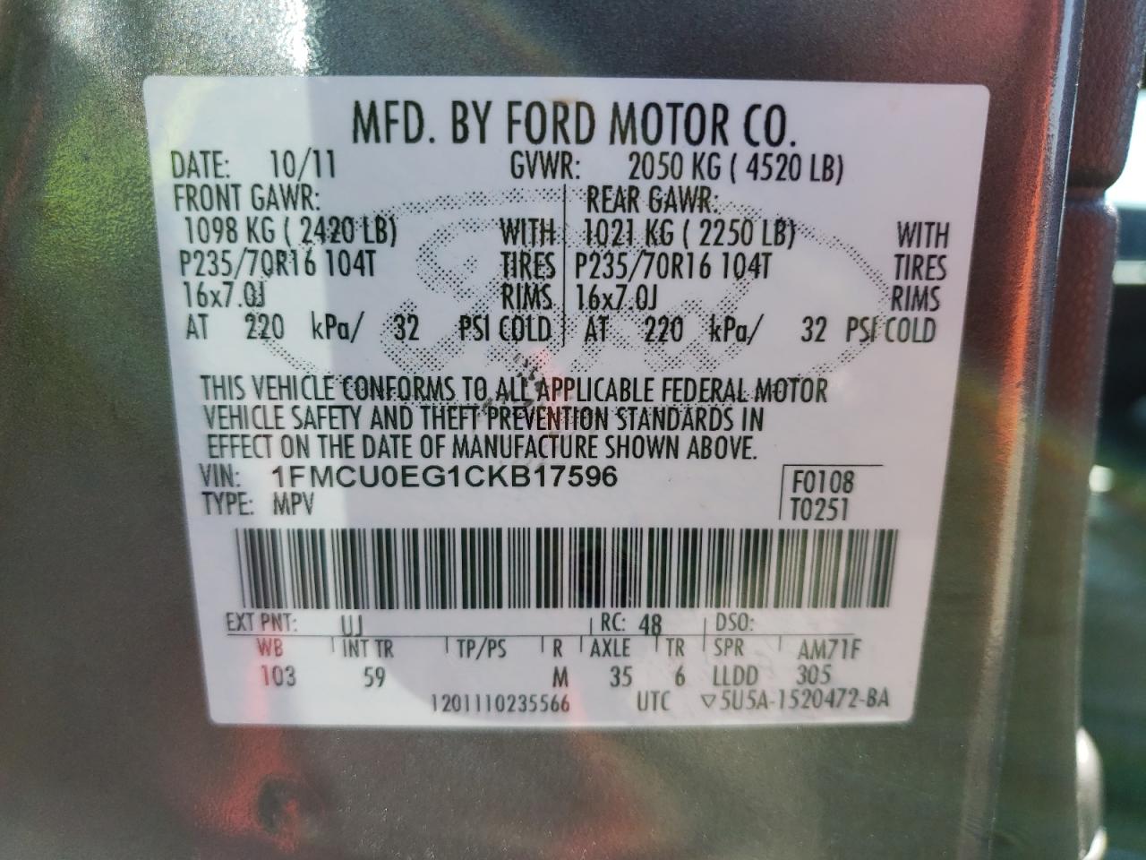 Photo 10 from auction – 2012 FORD ESCAPE LIM with VIN 1FMCU0EG1CKB17596
