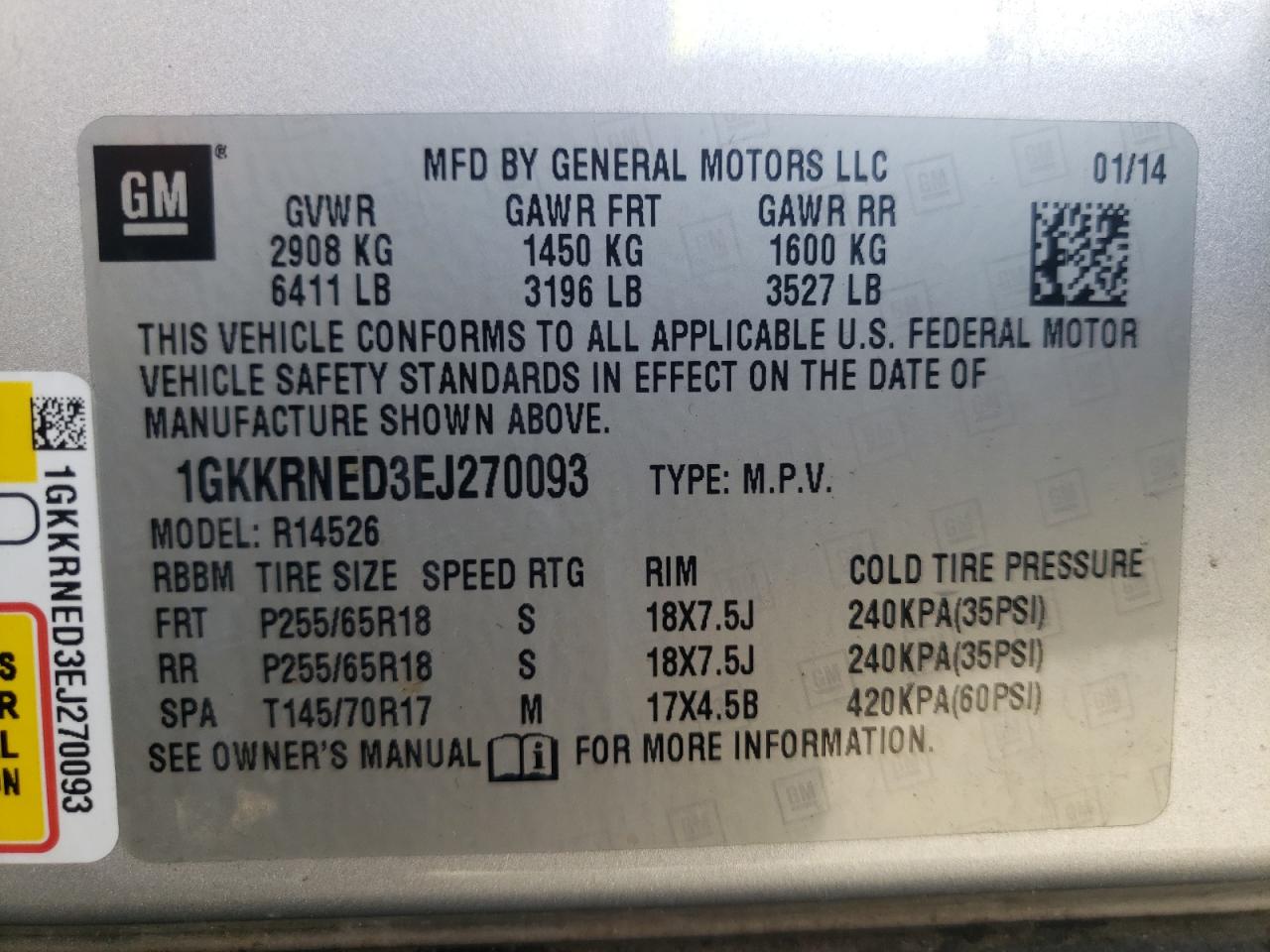 Photo 10 from auction – 2014 GMC ACADIA SLE with VIN 1GKKRNED3EJ270093