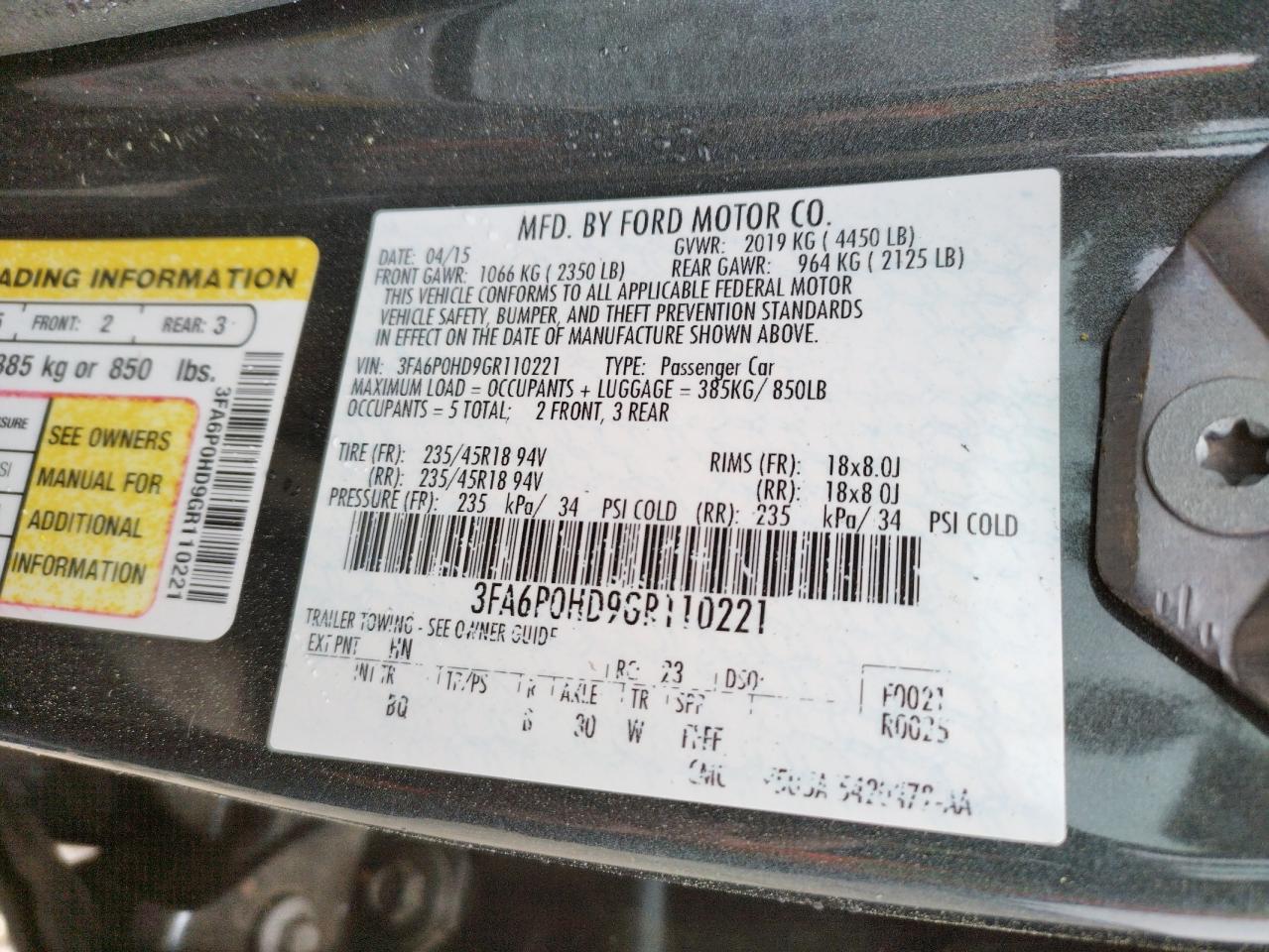 Photo 10 from auction – 2016 FORD FUSION SE with VIN 3FA6P0HD9GR110221
