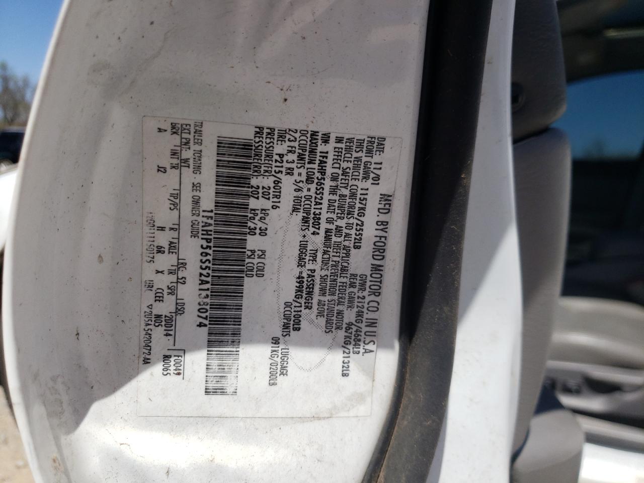 Photo 10 from auction – 2002 FORD TAURUS SEL with VIN 1FAHP56S52A138074
