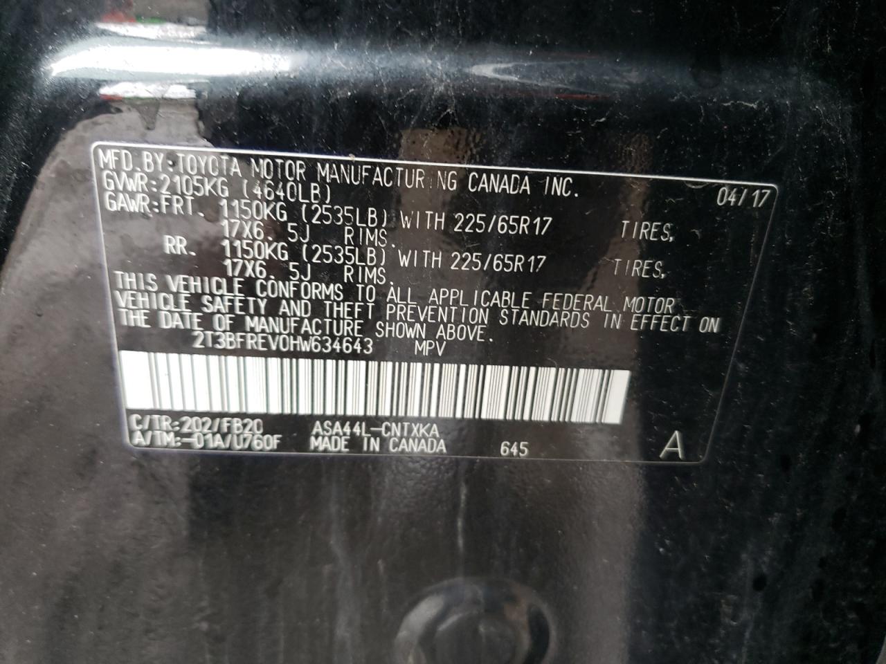 Photo 10 from auction – 2017 TOYOTA RAV4 LE with VIN 2T3BFREV0HW634643