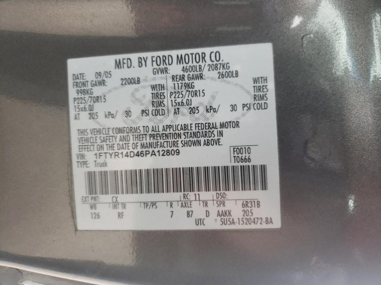 Photo 10 from auction – 2006 FORD RANGER SUP with VIN 1FTYR14D46PA12809