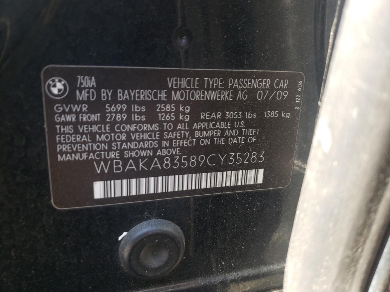 Photo 10 from auction – 2009 BMW 750 I with VIN WBAKA83589CY35283