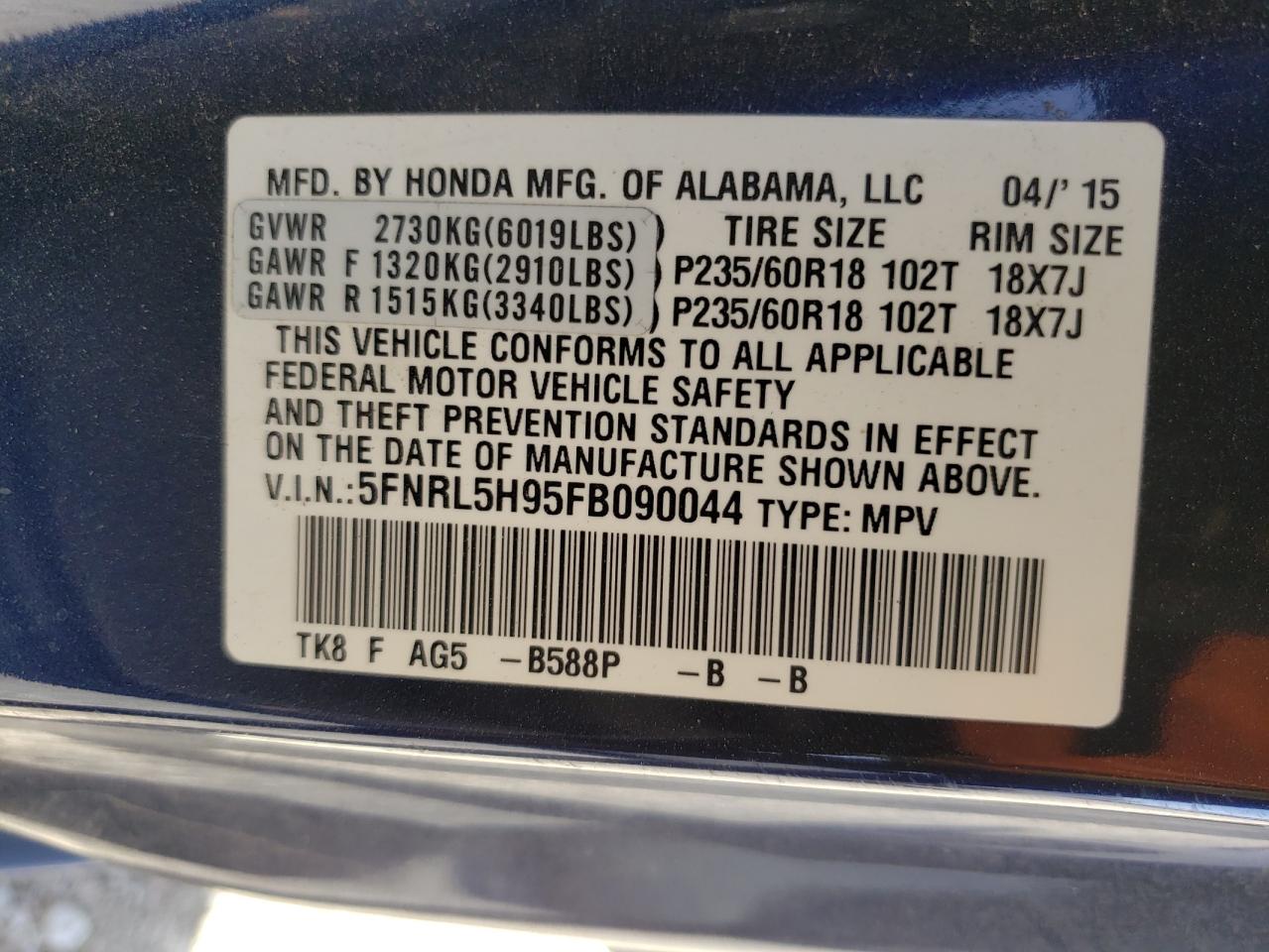 Photo 10 from auction – 2015 HONDA ODYSSEY TO with VIN 5FNRL5H95FB090044