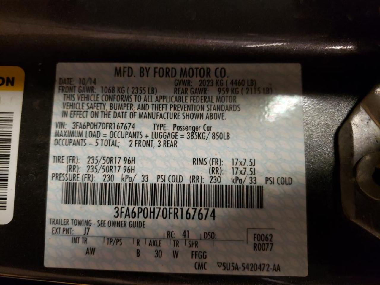 Photo 10 from auction – 2015 FORD FUSION SE with VIN 3FA6P0H70FR167674