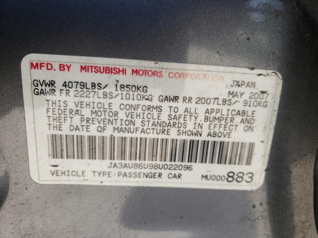 Photo 10 from auction – 2008 MITSUBISHI LANCER GTS with VIN JA3AU86U98U022096