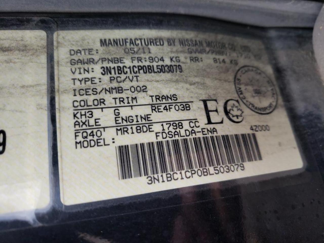 Photo 10 from auction – 2011 NISSAN VERSA S with VIN 3N1BC1CP0BL503079