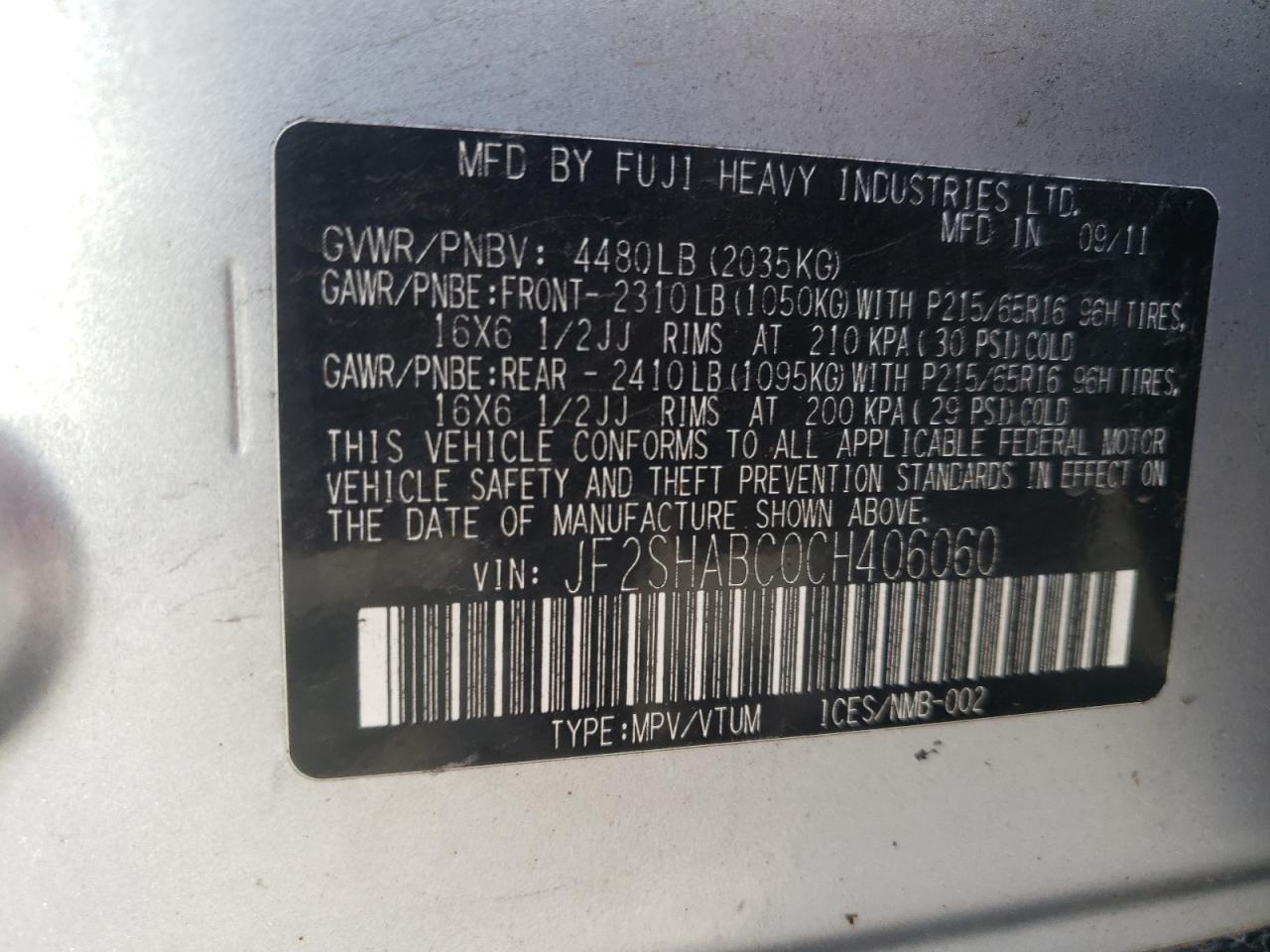 Photo 10 from auction – 2012 SUBARU FORESTER 2 with VIN JF2SHABC0CH406060