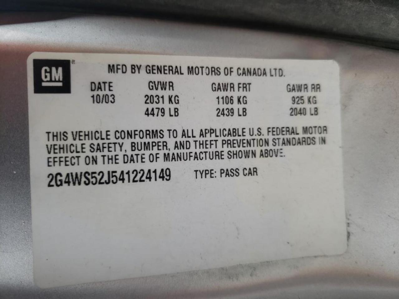 Photo 10 from auction – 2004 BUICK CENTURY CU with VIN 2G4WS52J541224149