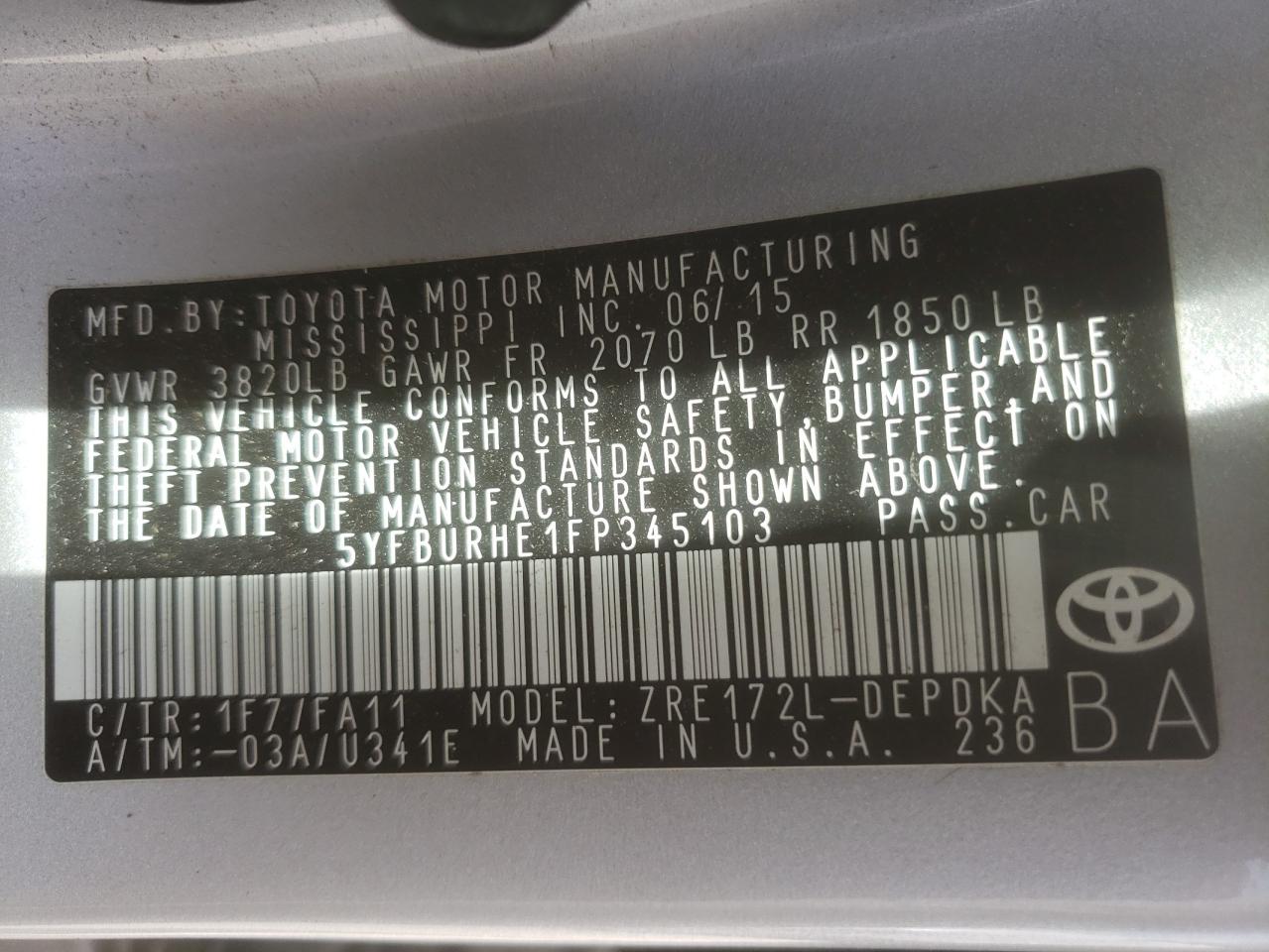Photo 10 from auction – 2015 TOYOTA COROLLA L with VIN 5YFBURHE1FP345103