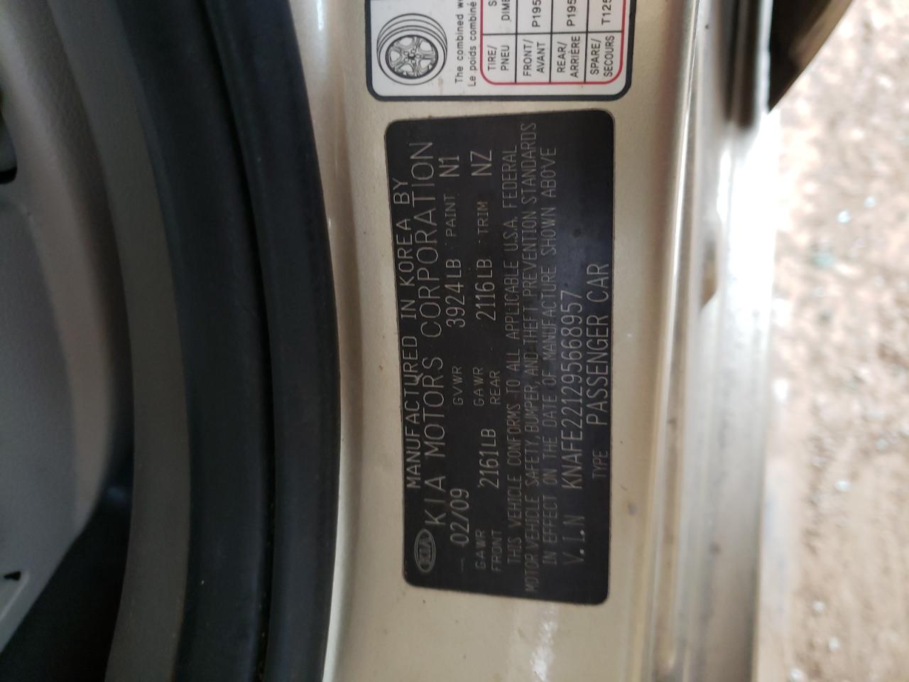 Photo 10 from auction – 2009 KIA SPECTRA EX with VIN KNAFE221295668957