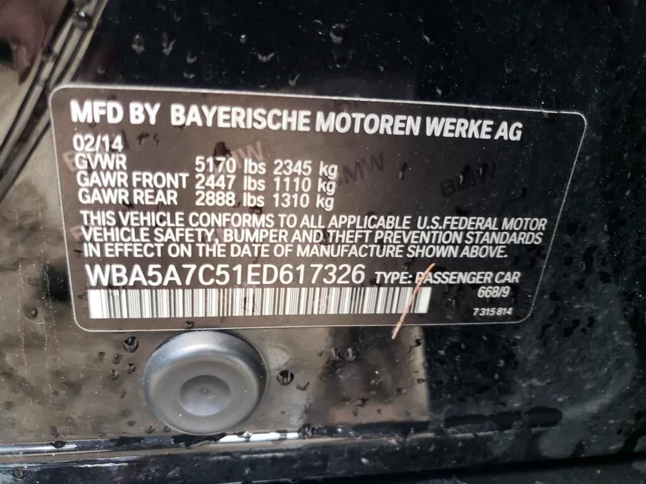Photo 10 from auction – 2014 BMW 528 XI with VIN WBA5A7C51ED617326