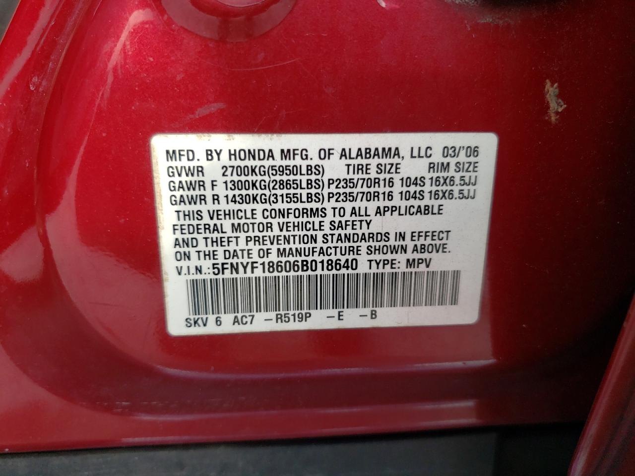 Photo 10 from auction – 2006 HONDA PILOT EX with VIN 5FNYF18606B018640