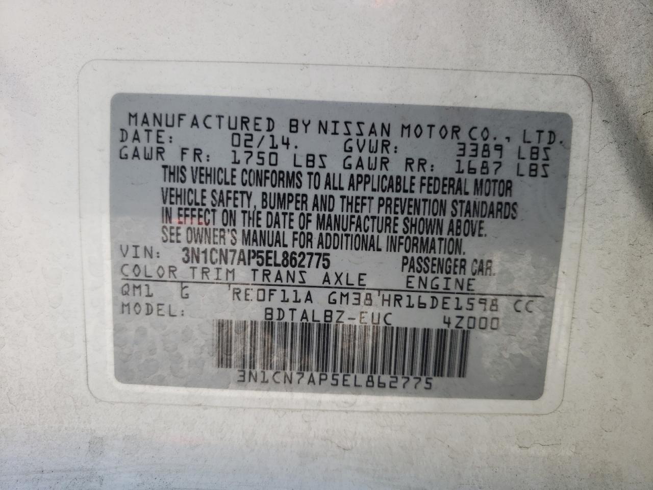 Photo 10 from auction – 2014 NISSAN VERSA S with VIN 3N1CN7AP5EL862775