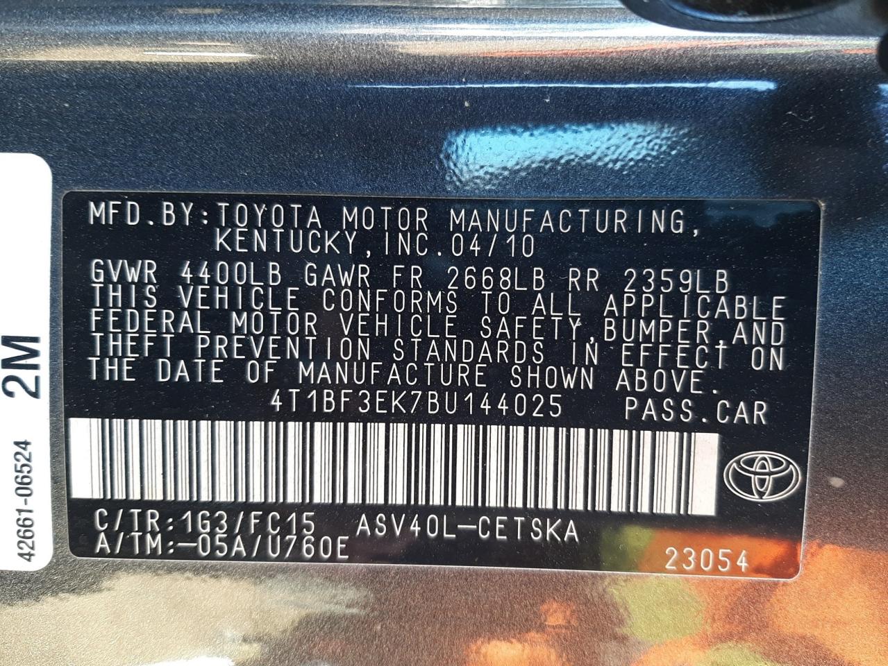 Photo 10 from auction – 2011 TOYOTA CAMRY BASE with VIN 4T1BF3EK7BU144025