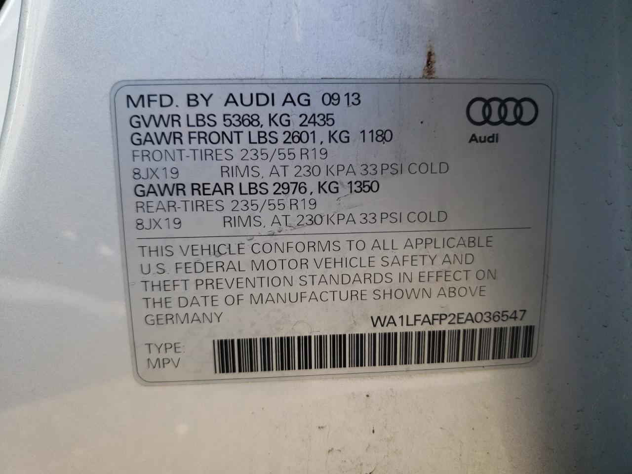 Photo 10 from auction – 2014 AUDI Q5 PREMIUM with VIN WA1LFAFP2EA036547