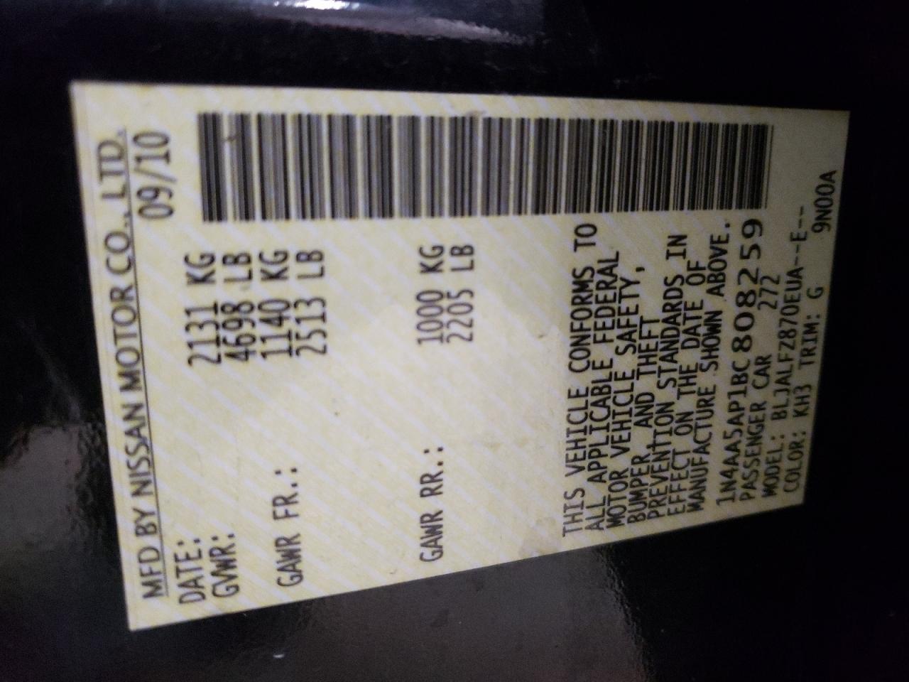 Photo 10 from auction – 2011 NISSAN MAXIMA S with VIN 1N4AA5AP1BC808259
