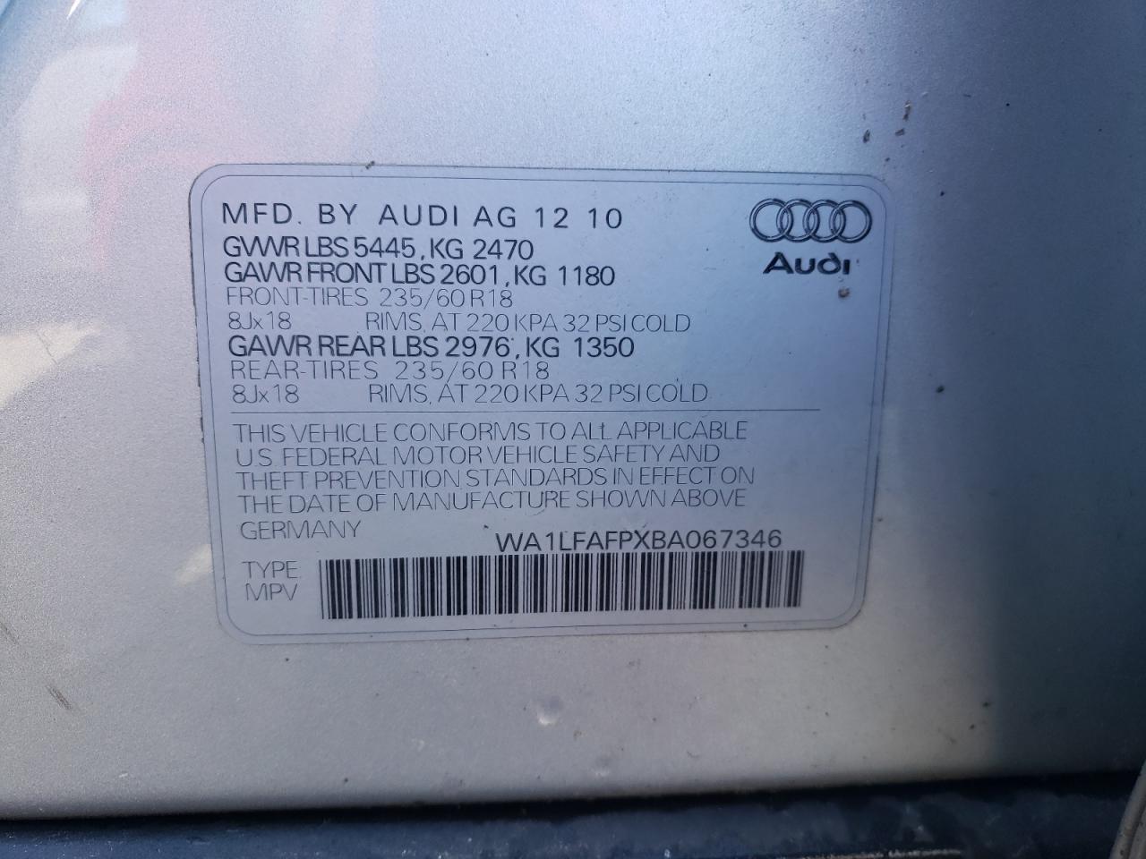 Photo 10 from auction – 2011 AUDI Q5 PREMIUM with VIN WA1LFAFPXBA067346