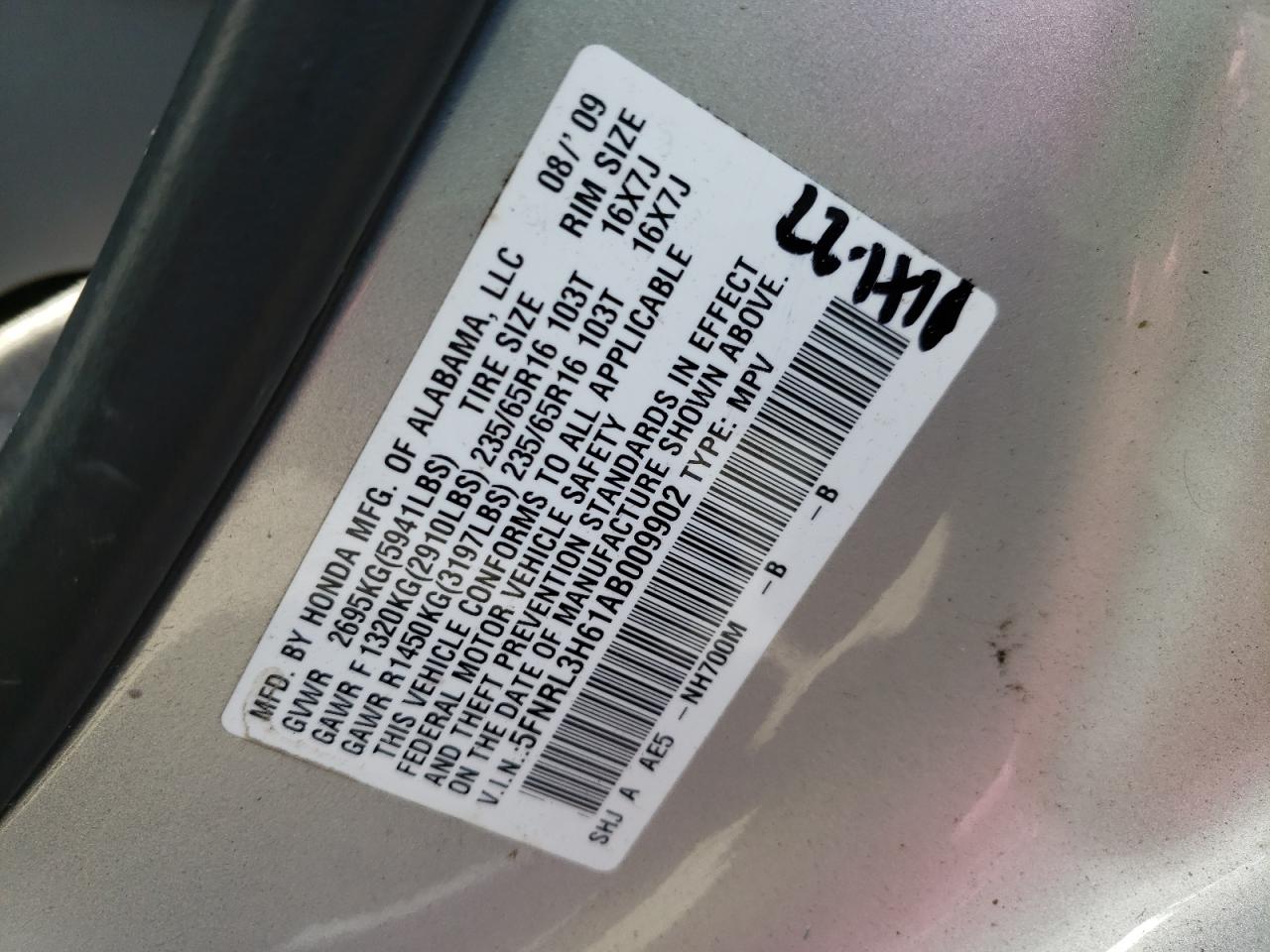 Photo 10 from auction – 2010 HONDA ODYSSEY EX with VIN 5FNRL3H61AB009902