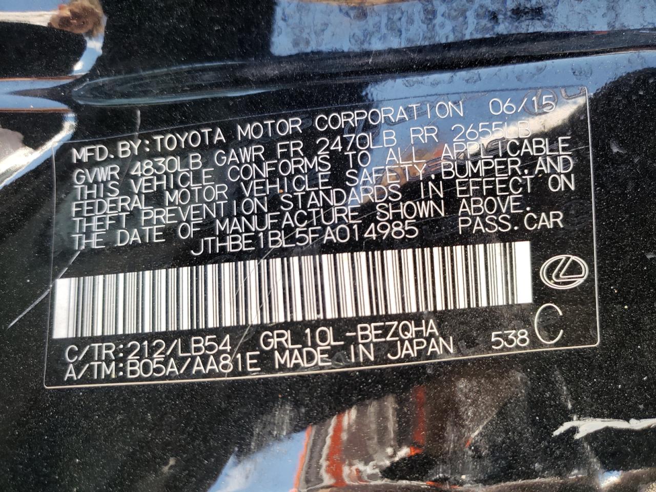 Photo 11 from auction – 2015 LEXUS GS 350 with VIN JTHBE1BL5FA014985