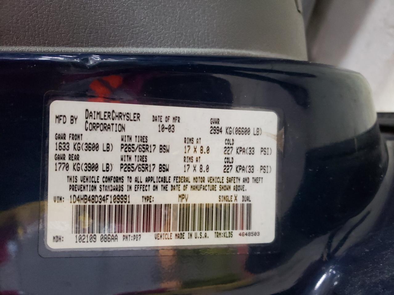 Photo 10 from auction – 2004 DODGE DURANGO SL with VIN 1D4HB48D34F109991