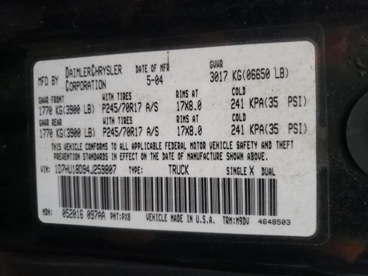 Photo 10 from auction – 2004 DODGE RAM 1500 S with VIN 1D7HU18D94J259807