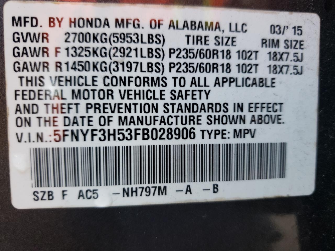 Photo 10 from auction – 2015 HONDA PILOT EXL with VIN 5FNYF3H53FB028906