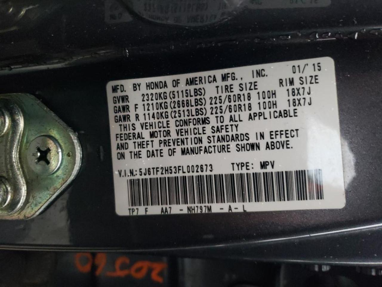 Photo 10 from auction – 2015 HONDA CROSSTOUR with VIN 5J6TF2H53FL002673