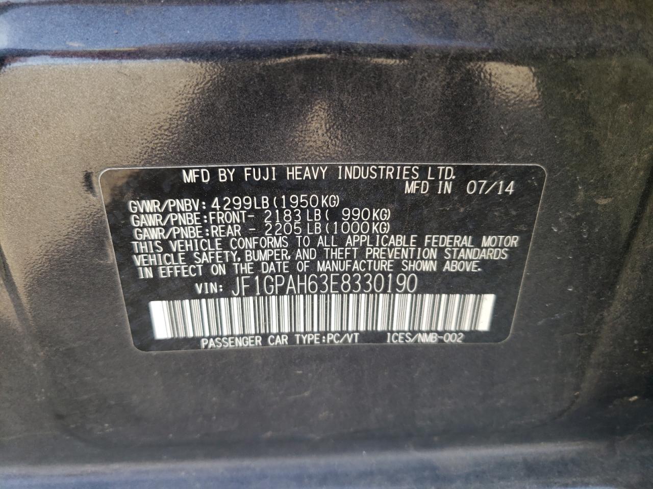 Photo 10 from auction – 2014 SUBARU IMPREZA LI with VIN JF1GPAH63E8330190